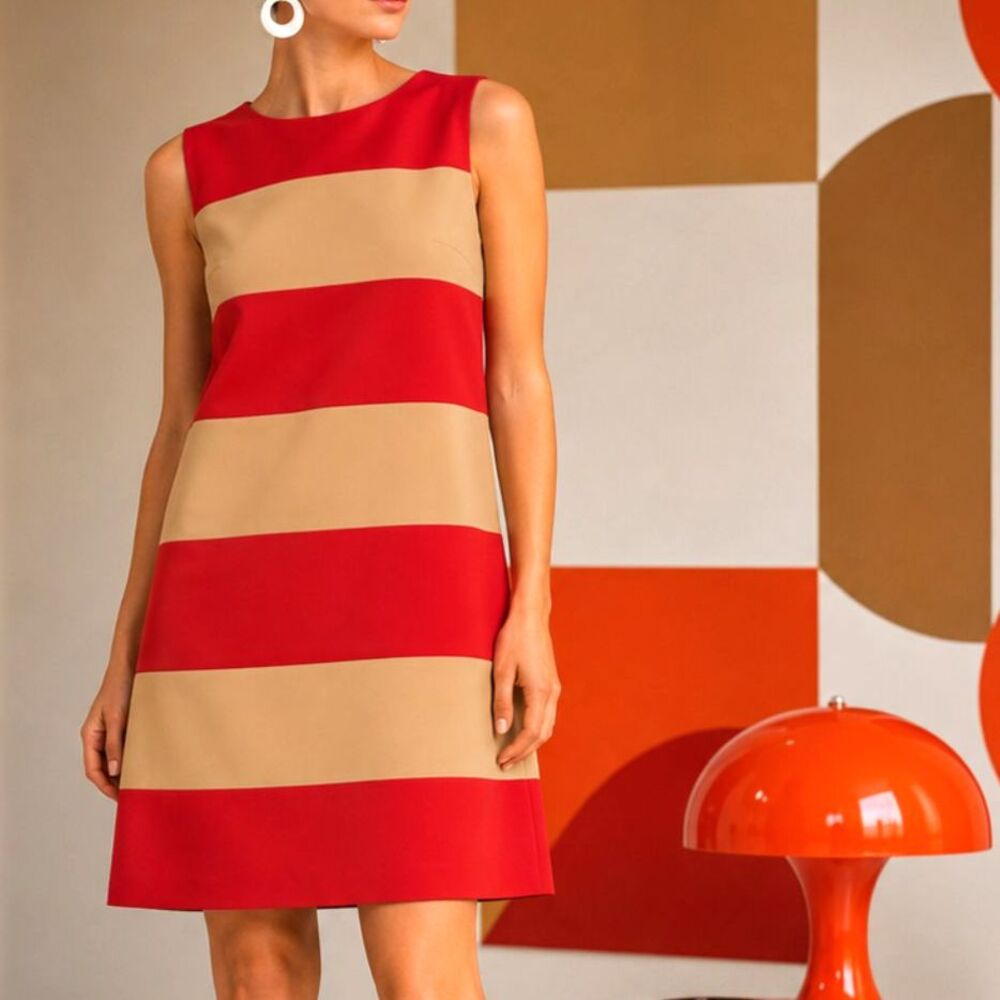 Vintage Fossil 100% Silk Shift Dress 60s Mod Colorblock Stripe Sleeveless Twee